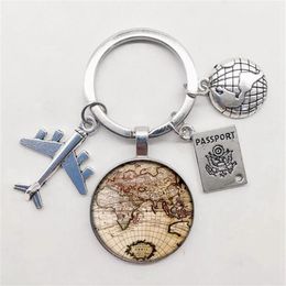 World Map Keychain Travel Exploring Glass Dome Cabachon Aircraft Charm Pendant Men s and Women s Gift Jewellery 2206232780329266J