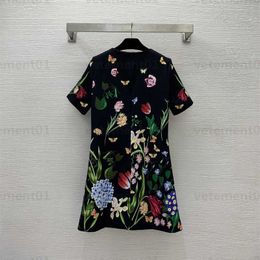 Casual Designer Dresses Women Beaded With Diamonds Flowers Butterfly Print Pattern A-line Version Of The Round Neck Short-sleeved Floral Dress Designers Clothing