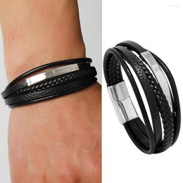 Bangle Classic Multilayer Genuine Leather Bracelet For Men Stainless Steel Black Magnetic Clasp Button Vintage Braid Jewellery