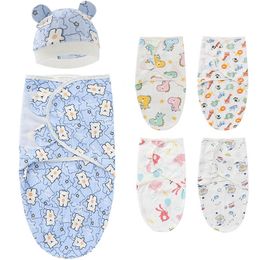 Blankets Swaddling 2pcsset 06 Month Baby Swaddle Cotton Sleepsack Blanket Wrap Hat Set Infant Adjustable born Sleeping Bag 230613