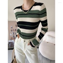 Women's Sweaters Contrst Colour Vintage Retro Green Striped Women Pullover Spring Full Sleeves Strechy Lady Elegant Tops Jumper Cardigan