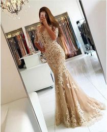 2023 Luxus -Abschlussballkleid Champagner Tulle Meerjungfrau Abendkleider Robe Longue Femme Soiree sexy Rückenless Langes Kleid Kleid