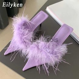 Slippers Eilyken Summer Fluffy Furry Slipper Women Thin Low Heel Ladies Sexy Sandal Dress Party Pumps Shoes Zapatos Mujer J230613