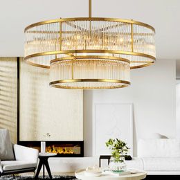 Pendant Lamps American Plate Metal Led E14 Lights 2 Layers Living Room Gold Lustre Lamp Rod Hanging Fixtures