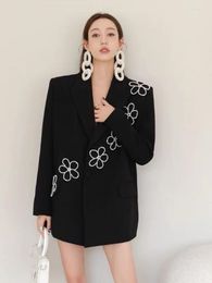 Women's Suits Insozkdg Fashion Women's Blazer Notched Collar Loose Embroidered Flares Flower Pearls Black Suit Jackets Spring 2023