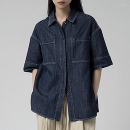 Women's Blouses Summer Dark Blue Loose Demin Shirt Women Half Sleeve 2023 Boyfriend Style Turn Down Collar Cotton Linen Casual Blouse Top