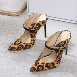 Liyke 2023 New Leopard Print Woman Pumps Slipper Fashion Buckle Strap Sandal Shoes Ladies Pointed Toe Slip On Mules High Heels