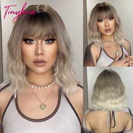 Lace Wigs Short Wavy Grey Blonde Ombre Synthetic Wigs with Bangs Cosplay Ash Brown Bob Wig for Women Daily Natural Heat Resistant Hair Z0613