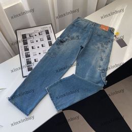 xinxinbuy Men women designer pant emboss letter denim jeans Zipper hems pocket destroyed Spring summer Casual pants blue S-2XL