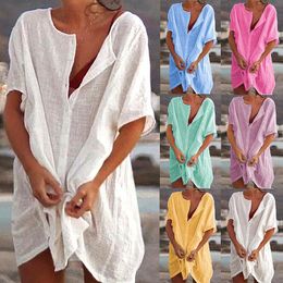 Cover-up 2022 Hot Sexy Beach Swimsuit Coverups Women Cotton Cover Up Swimwear Casual Short Sleeve Long Blouse Solid Color Beach Dress