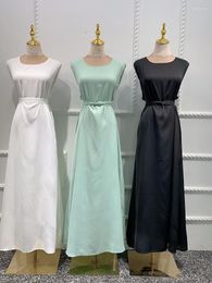Ethnic Clothing Eid Muslim Women Inner Dress Sleeveless Vest Bottom Under Solid Color Lace-up Maxi Long Vestiods 2023 Ramadan