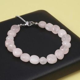 Strand Trendy Irregular Geometry Pink Crystal Opal Quartz Natural Stone Beads Bracelet Stainless Steel Chain Jewelry Bangle