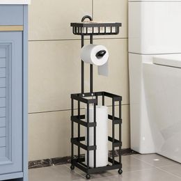 Organisation MultiFunctional Toilet Paper Roll Tissue Holder Stand Bathroom Free Standing Storage Bathroom Accessories Black