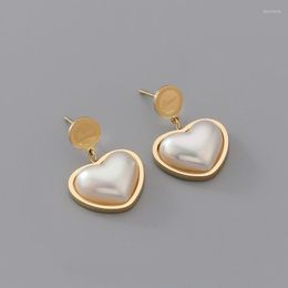Stud Earrings 316L Stainless Steel Fashion Upscale Jewellery Gold Colour Carving Love Hanging Pearl Heart Shape Sweet Drop For Women