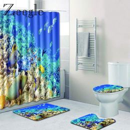 Mats Sea World Bathroom Floor Mat Home Decor Bath Rug Toilet Foot Pad Bath Mat and Shower Curtain Set Bathroom Rug Set
