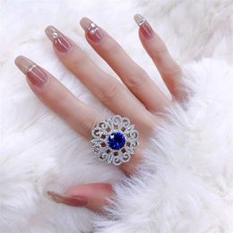 Wedding Rings Elegant Disc Flower Blue White Cubic Zirconia Women's Engagement Ring Adjustable Size Party Fashion Jewelry Gift