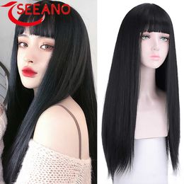 Lace Wigs SEEANO Synthetic Coaplay Wig Long Straight Black Hair With Bangs Ombre Pink Red Purple Blonde Women Halloween Cosplay Wig Female Z0613
