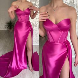 Elegant Rosy Pink Prom Dresses Sweetheart Satin Party Evening Gowns Bone Bodice Split Formal Long Special Occasion dress