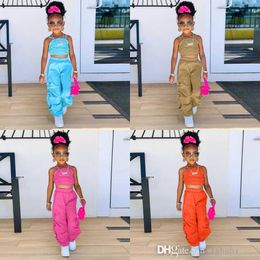 Kids Clothes Baby Girls Tracksuits Summer Two Piece Set Pleated Solid Color Halter Vest Casual Loose Wide Leg Trousers 2PCS Suit Outfits