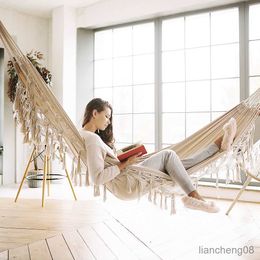 Hammocks Stylish Person Cotton Hammock With Tassel Garden Swing Bed Outdoor Double People Hammock Hanging R230613