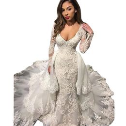 Sexy Deep V Neck Mermaid Wedding Dresses With Detachable Train Vintage Plus Size Lace Appliqued Bridal Gown Cathedral Train