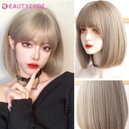 Lace Wigs Short Bobo Wig Ombre Brown Blonde Gray Synthetic Wigs with Bangs Cosplay Natural Daily Hair for Women Heat Resistant Z0613