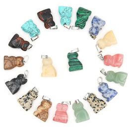 Natural Stone Cat Pendant Carved Crystal Healing Reiki Decoration Charms Craft Home Mini Decor Gemstone Jewelry Wholesale