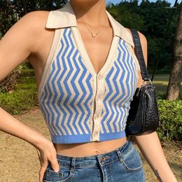 Women's Tanks Striped Knitted Cropped Vest Women Y2K Fashion Cute Backless V Neck Lapel Halter Ladies Streetwear Tops Female Knitwear