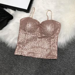 Women's Tanks Women Fashion Versatile Sequins Tube Tops Sexy Belt Chest Pad Outer Wear Suspender Female Shiny Nightclub Party