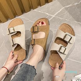 Slippers Women's Leather Sandals Cow Suede Cork Woman Two Buckle Outdoor Beach Girls