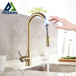 Bathroom Sink Faucets Rozin Smart Touch Kitchen Faucet Brushed Gold Pull Out Sensor Faucets BlackNickel 360 Rotation Crane 2 Outlet Water Mixer Taps 230612