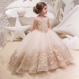 Champagne Lace Appliques Ball Gown Flower Girl Dresses Sleeveless Bow Back Kids Toddler Wedding Party Dress First Communion Gowns