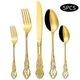 Flatware Sets 5PCS Royal European Hollow Vintage Relief Steak Knife Fork Spoon Stainless Steel Tableware Set