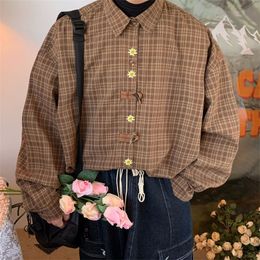 Japanese Plaid Long Sleeve Shirt Women 2022 Autumn Chic Hong Kong Button Up Shirt Men Loose Vintage Casual Shirts Korean Top