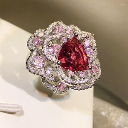 Cluster Rings WPB Premium Women Sparkling Red Flower Ring Female Luxury Jewelry Brilliant Zircon Design Gift Party For Beautiful Girls