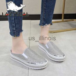 Slippers LazySeal Crystals Flat Platform Slippers Women Summer Mules Beach Rhinestone Shoes Flip Flops Crystals Slides Big Size 43 J230613