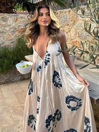 Casual Dresses Printed Beach Women Dress Sexy Backless Sleeveless Reched Female Vacation Dresses 2023 Summer Bandage Vneck Elegant Lady Robe Z0612