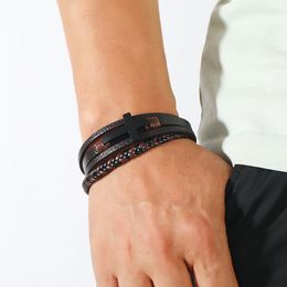 Bangle Bracelet Alloy Leather Men Black Cross Magnet Clasp Multi-layer Simple Woven