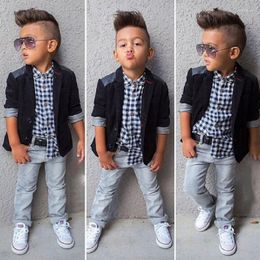 Clothing Sets 2023 Fall Kids Boy Clothes Set 3 Pieces Suits Coat Plaid T-shirt Jeans Children Little Casual Boys 2-8 Years