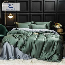 Bedding sets LivEsthete Beauty Luxury 100 Silk Bedding Set Green Gray Super Soft Quilt Cover Flat Sheet case Queen King Bed Set Z0612