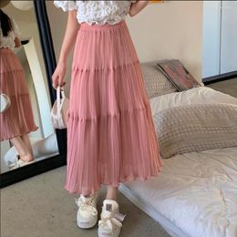 Skirts 2023 Spring Summer Women High Waist Slim Long Skirt Korean Fashion Patchwork Solid Colour Miyake Pleated Chiffon