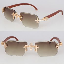 Luxury Moissanite Diamond Set Rimless Sunglasses Womans Big Stones Diamond Wooden Sun glasses Limited edition Wood Sunglasses Men Woman New model Glasses Size 58