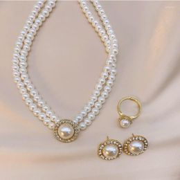 Choker Luxury Pearl Necklace Set Fashion Pendant Earrings Rings Ladies Banquet Wedding Jewellery Women Accessories Gift