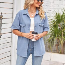 Women's Blouses Est Slim Denim One Breasted Short Sleeved Casual Jeans Shirt For Women Blue Color With Double Pockets Ladies Tops