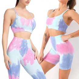 Women's Tanks Seamless Knitted Tie-Dye Sport Pants Suit High Waist Hip Lift Fitness Beautiful Vest Bra Yoga Clothes For Women