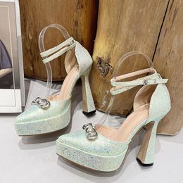 Liyke Runway Style Glitter Sequined Cloth Women High Heels Platform Pumps Sandals Fashion Metal Bowknot Pointed Toe Shoes Green