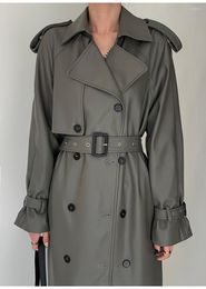 Women's Leather Spring Autumn Long Grey Pu Trench Coat For Women Raglan Sleeve Belt Runway Luxury Designer European Fashion