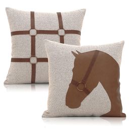 Chair Covers 45x45cm simple brown horse cushion cover cotton linen pu leather buckle waist pillowcase throw pillow for backrest 50cm 230613