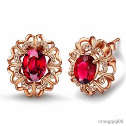 Female Fashion Red Stud Earrings Luxury Rose Gold Color Flower Wedding Ear for Women Trendy Jewelry R230613