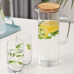 Water Bottles Glass Cold Pitcher With Handle Bamboo Lid Thickened Bottle Jar Kettle Transparent Heat Resistant Pot Teapot